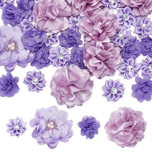 arricraft 40 Pcs Rhinestone Pearl Purple Chiffon Flower Sewing Appliques Purple Series Flower Dress Decoration Appliques for DIY Clothing Dress Decoration Party Decoration
