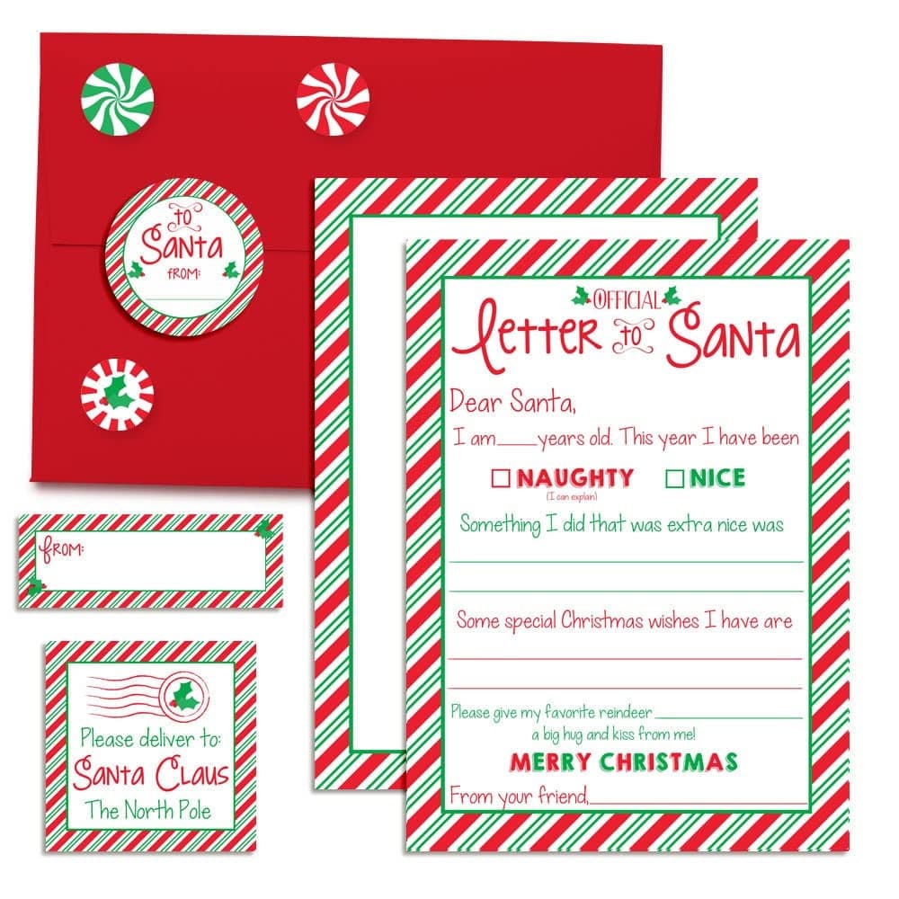 Letter to Santa Kit 4 Premium 5x7 FillIn Cards with Envelopes Stickers Return Address Labels Holiday Keepsake Set for Kids Santa Letter Kit Cute Festive Design Made in USA by Amanda Creation