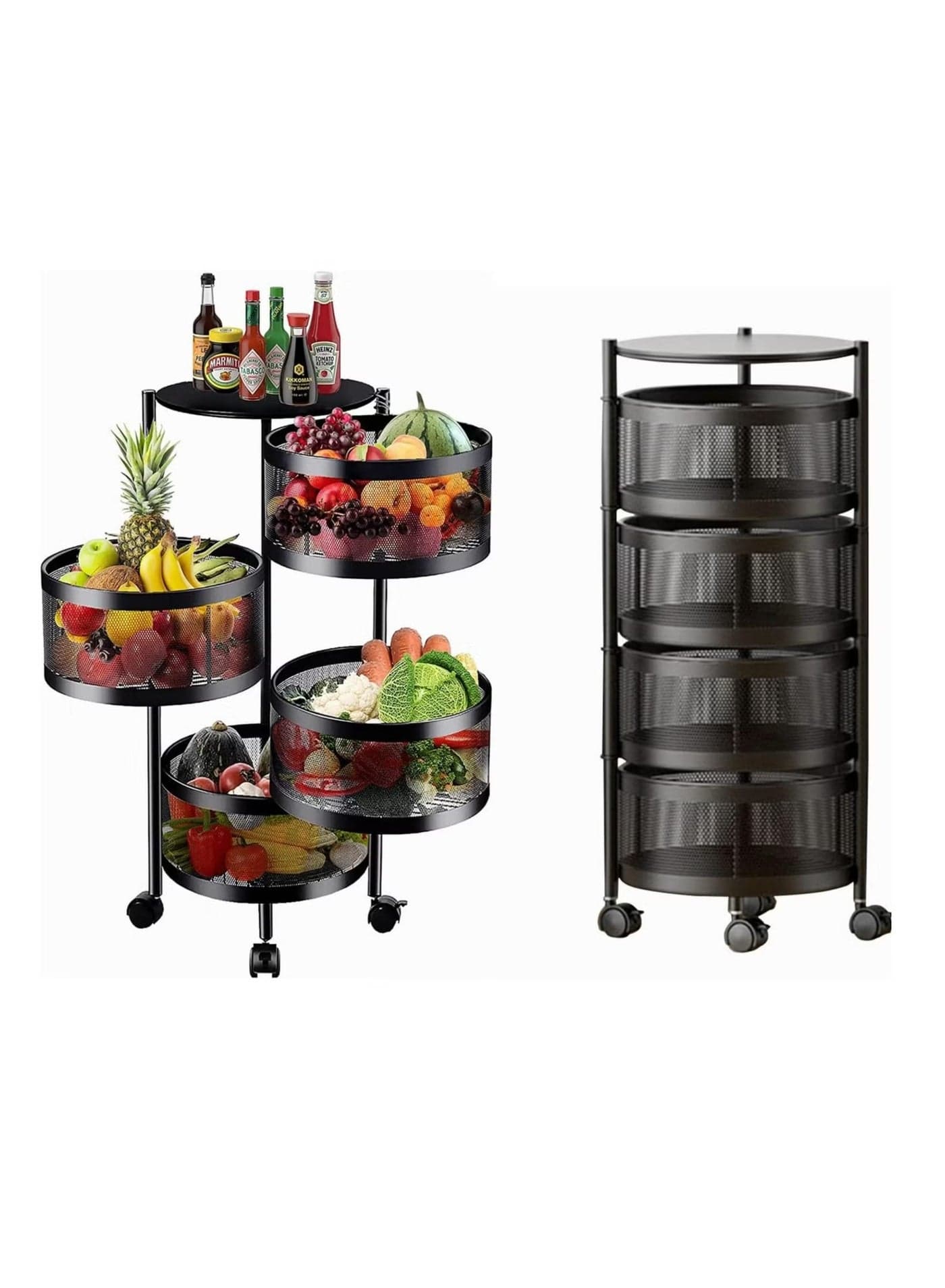 Rotating Storage Rack Shelves 4 Tier Round Rotating Vegetable Rack Fruit Basket Storage Trolley Rotating Storage Shelves for Kitchen Grocery Corns Potatoes(Black)