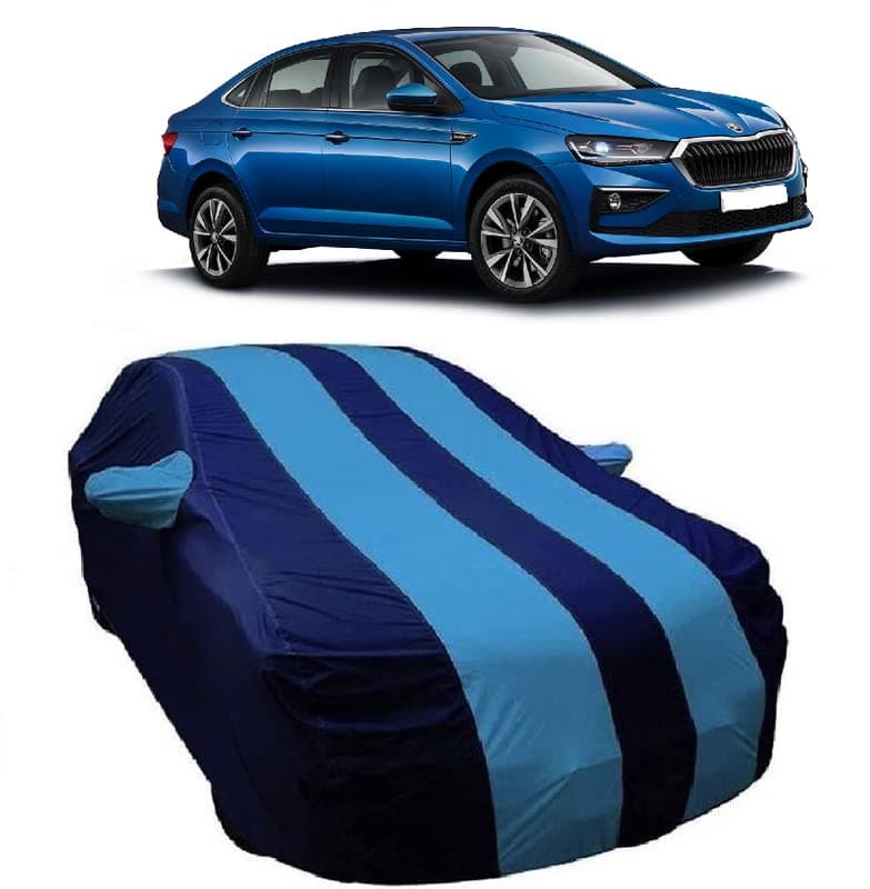 Carigiri Sky Blue and Navy Blue Car Body Cover for Skoda Slavia(Triple Stitched,Mirror Pocket,Dustproof)(Models-2022,2023)