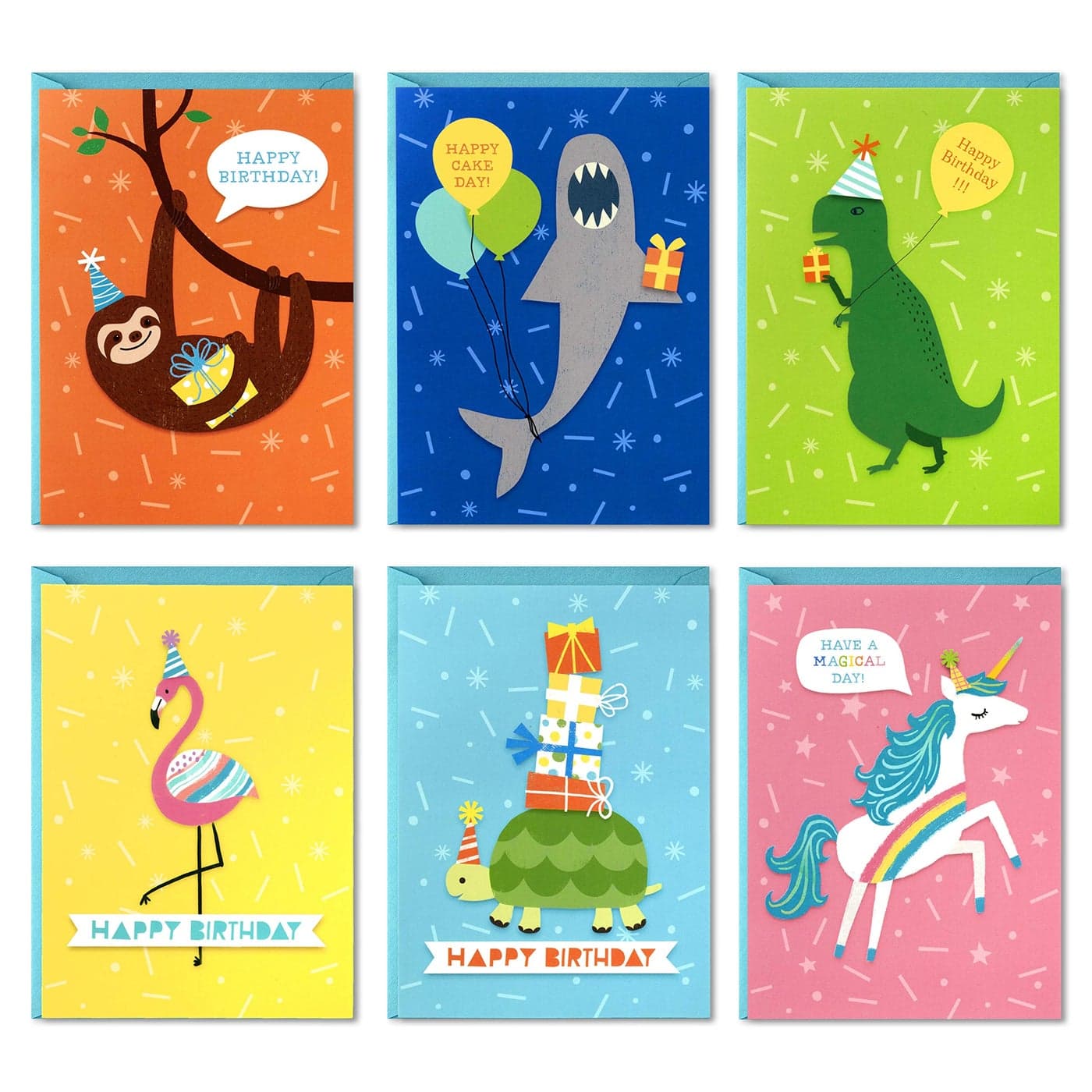Hallmark Birthday Cards for Kids Assortment, 48 Cards with Envelopes (Dinosaurs, Sloths, Unicorns, Flamingos, Turtles, Sharks)