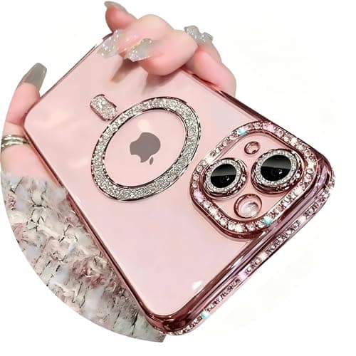 Doulings Magnetic Glitter Diamond for iPhone 15 Plus CaseCompatible with MagSafe Sparkle Rhinestone Camera Lens Protector PlatedCrtstal Clear Slim Military Drop Shockproof Cover for WomenPink