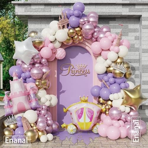 Enanal Princess Balloon Garland Arch Kit 161pcs Pastel Pink Purple Chrome Gold Balloons with Castle Carriage Star Foil Balloons for Girls Princess Birthday Party Supplies Baby Shower Decorations