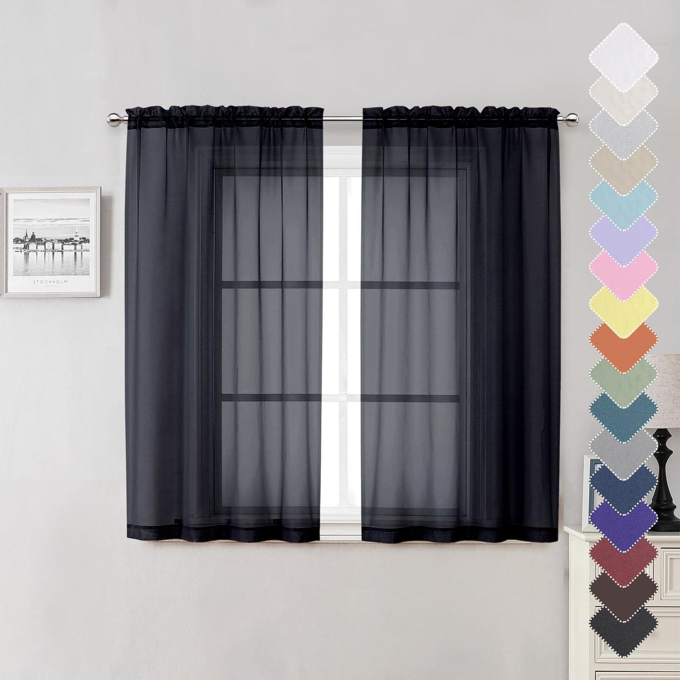 Lecloud Black Sheer Curtains 54 Inch Length 2 Panels Set Lightweight Short Curtains for Bedroom Kitchen Light Filtering Voile Window Treatments with Rod Pocket for Living Room 40 W x 54 L