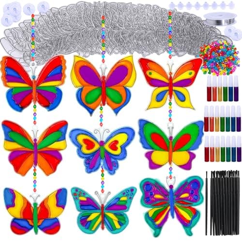 Winlyn 27 Sets Butterfly Suncatchers Ornaments Decorations DIY Window Paint Art Sun Catchers Rainbow Butterfly Painting Craft Kits for Kids Spring Summer Camping Party Classroom Activities Art Project