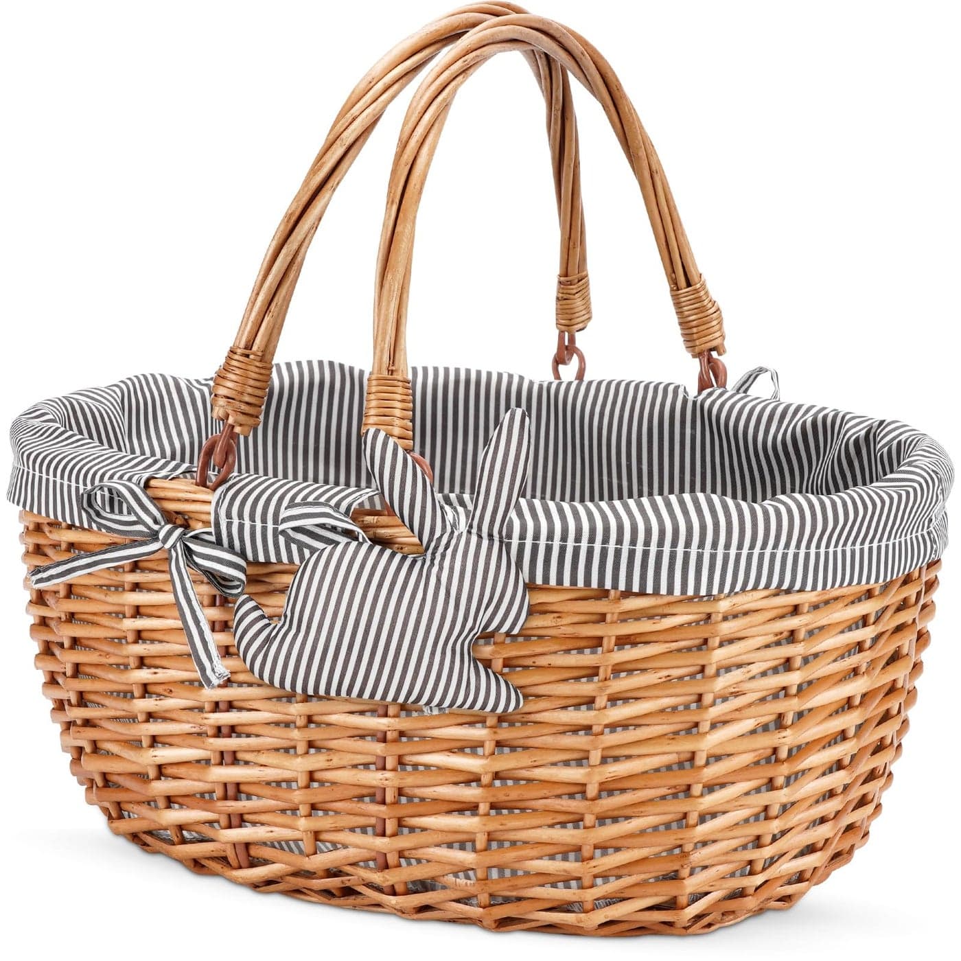 G GOOD GAIN Oval Picnic Basket with Folding Handles Willow Hand Woven Shopping Basket Bath Toy Kids Toy Storage Gift Packing Basket Wicker Empty Easter Eggs and Candy Small Gift Basket Grey