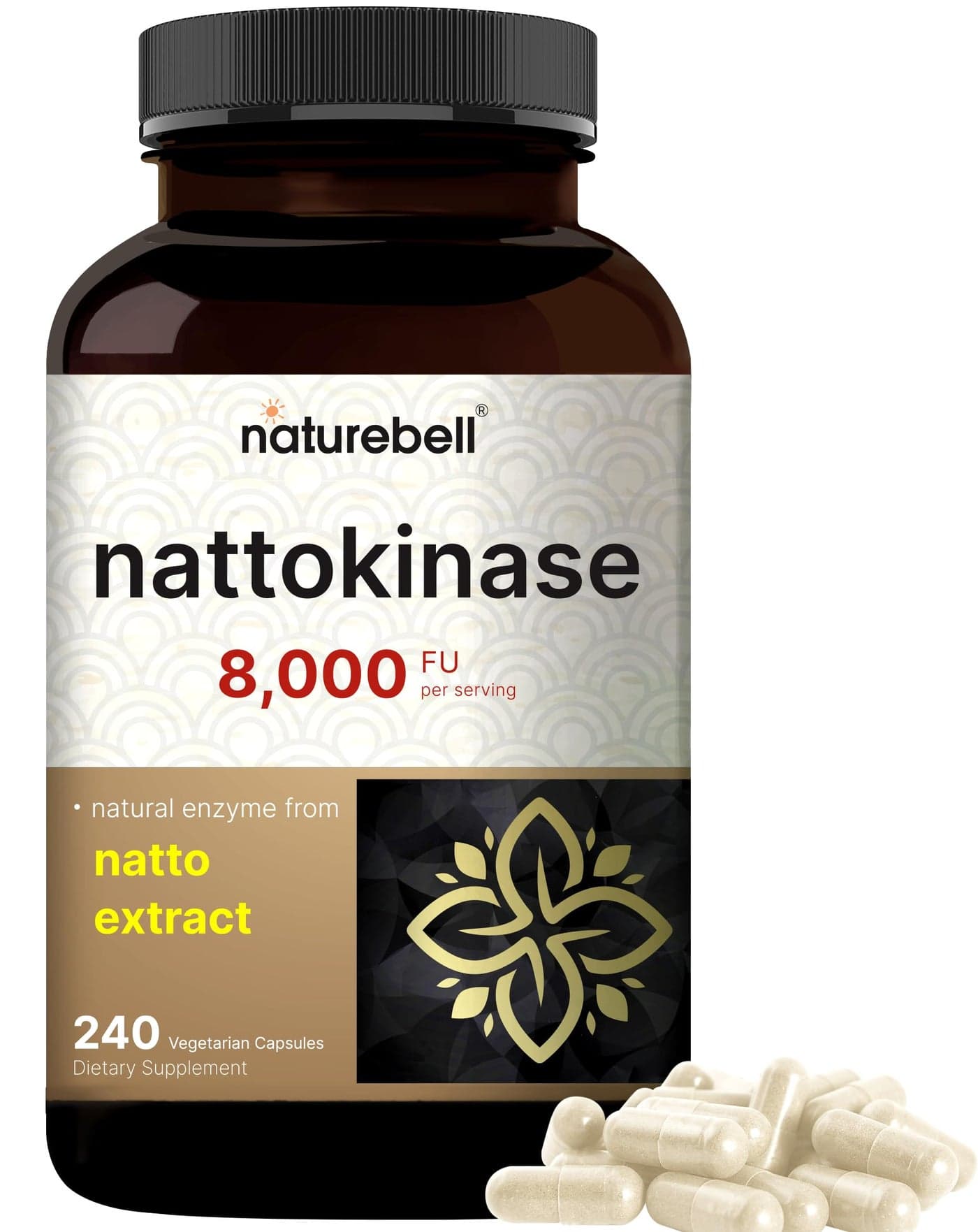 NatureBell Nattokinase Supplement 8000 FU Per Serving 240 Veggie Capsules Traditional Natto Extract Source Max Strength Enzyme Heart Health Support NonGMO
