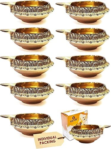 SATVIK Set of 10 Pure Brass Kuber Diya for Diwali Decoration Traditional Puja Oil Lamp for Home Temple Brass Diya for Diwali Pooja Festive Use