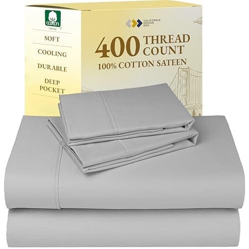 California Design Den Natural 100% Cotton Sheets, Full Size Sheets Set, 400 Thread Count Sateen Bedding, Deep Pockets with All-Around Elastic for a Snug Fit, Cool & Durable Bed Set - Light Grey