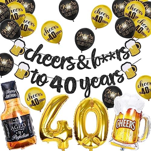 Happy 40th Birthday Decorations Black Gold Cheers and beers to 40 Years Banner 40th Gold Foil Birthday Balloon Cheers Cup Foil Balloon Party Supplies Kit for Men Women