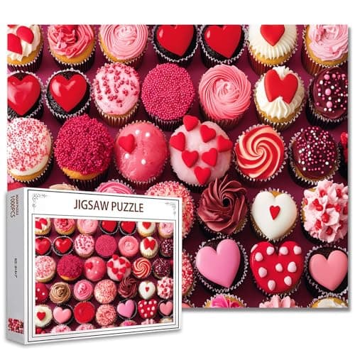 Vibrant Pink Red Cupcakes Jigsaw Puzzles 1000 Pieces for Adults Colorful Valentines Day for Lovers 20x27Inch Heart Love Cupcake Dessert Puzzle Art for Pink Dessert Puzzle Lovers