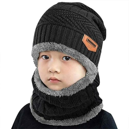 YOUTH ROBE Premium Kids Winter Caps Beanie Scarf Set - Fit for 4-13 Years Old Toddler Kids - Stylish Caps for Boys & Girls - Free Size (Black)