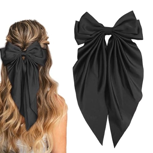Silky Satin Womens Hair Bows with Long Tail Bowknot for Hair Clips Accessories and Gifts Black