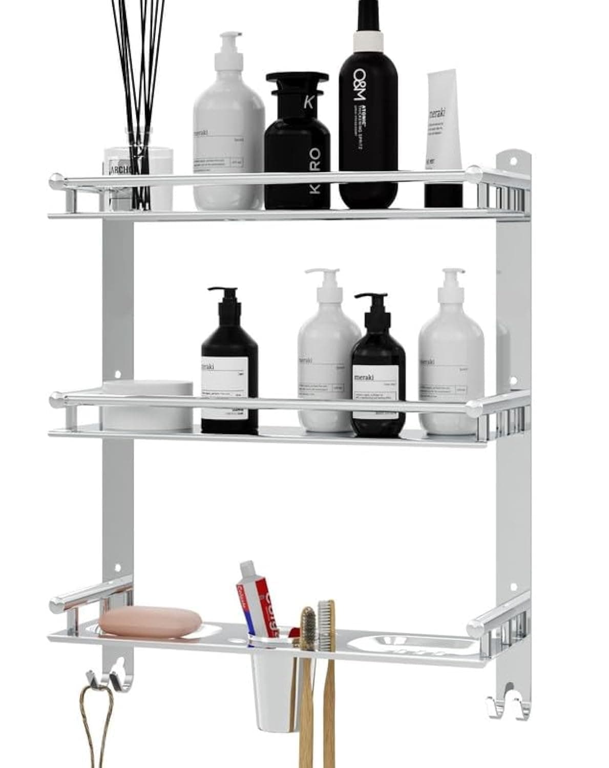GLOXY Premium Bathroom Shelf Rack - Chrome Finish Stainless Steel 4in1 Wall Mount Bathroom Soap Rack with Toothbrush Holder - Bathroom Fittings Accessories Set with Multipurpose Hooks