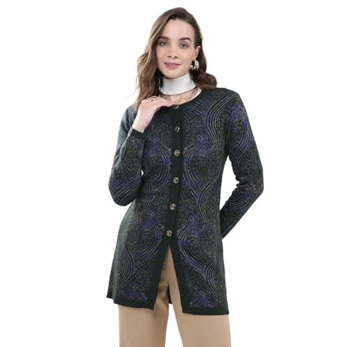 Monte Carlo Women's Regular Fit Cardigan | Self Design Pattern | Button Closure with Full Sleeve Round Neck Winter Cardigan for Womens Green L (Pack Of 1)