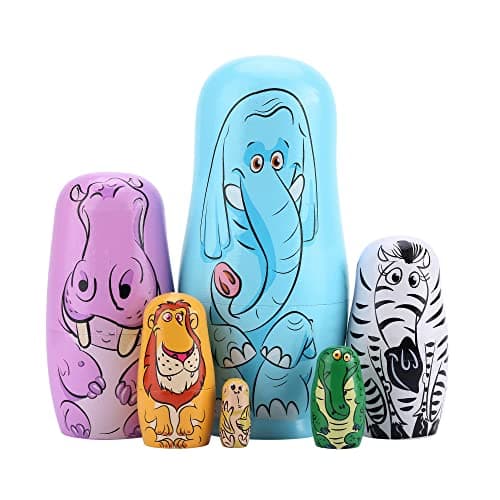 Yoption 6 Pcs Russian Nestingdolls Handmade Wooden Matryoshkadoll Animal Nestingdoll Set for Christmas Birthday Gift Party Home Decorations Blue Elephant