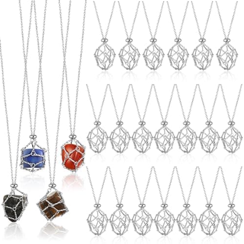 Landical 24 Pcs Crystal Necklace Holder Crystal Adjustable Empty Stone Holder Metal Stainless Steel Boho Cage Interchangeable Gemstone Jewelry Gift DIY Pendant Net for Women MenSilver