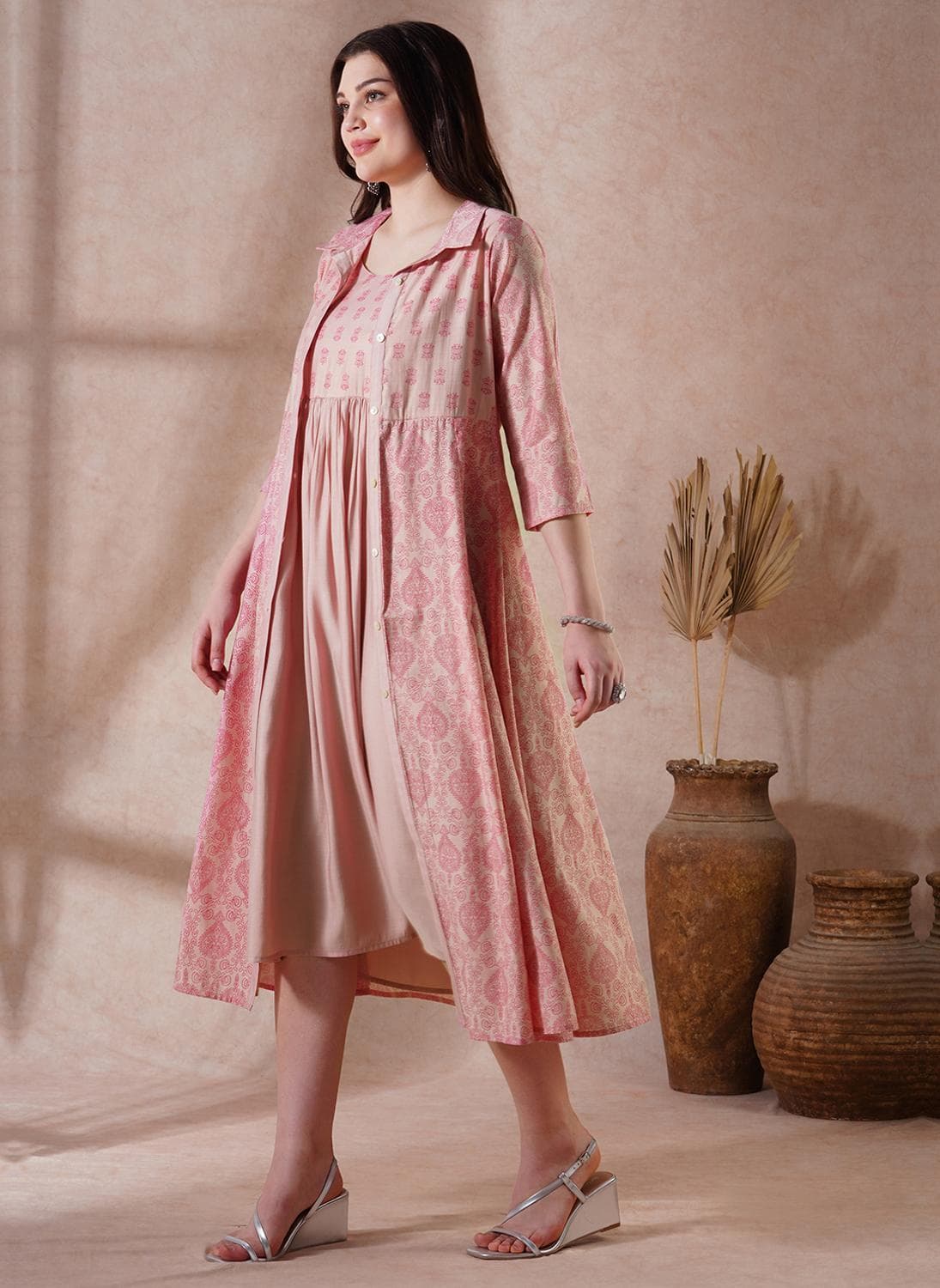 Globus Women Peach Strappy Shoulder Gathered A-Line Midi Ethnic Dress with Shirt Style Printed Shrug