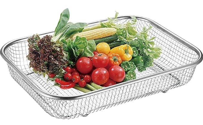Kruvad Fruit Vegetable Drain Basket with Drip Tray Washing Filter Basket Kitchen Utensil Colander Sink Mesh Protect Silverware Small Air Fry Basket Stainless Steel Washing Filter 295X 22x6 CM
