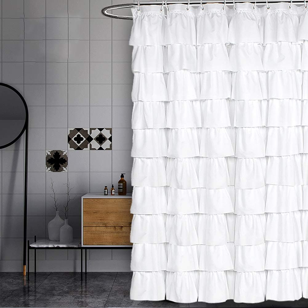 Volens White Shower Curtain Fabric Ruffle for Bathroom70in Long