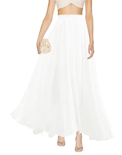 v28 Womens Maxi Midi White Flowy Long Black Summer Plus Size Sheer Chiffon Skirt (L,White)