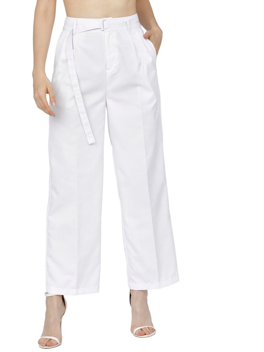 Tokyo Talkies Women White High-Rise Pleated Parallel Trousers | Women Trousers