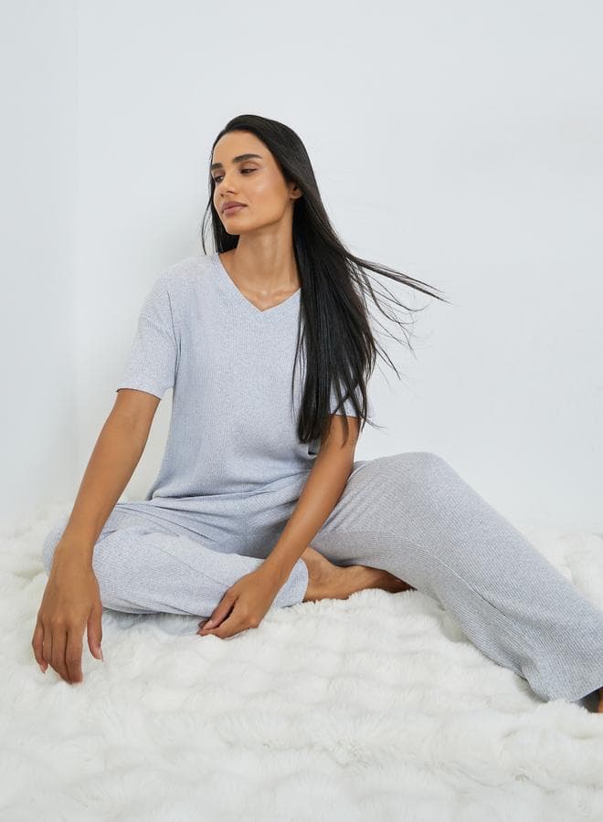 Grey Rib V Neck Drop Shoulder T-Shirt and Pyjama Set