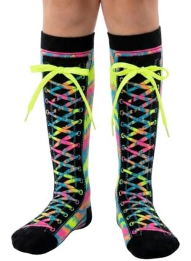 Funky 3D Lace-Up Knee-High Socks for Kids & Teens – Colorful Novelty Cartoon Socks with Neon Laces – Soft, Stretchy, Eye-Catching Design for Kids