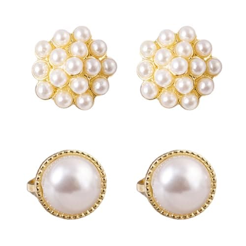 2 Pairs Clip On Earrings for Non Pierced Ears, Elegant Pearl Earrings for Women, Golden Pressing Earrings for No Hole Ears, Traditional Jewelry for Weddings and Special Occasions