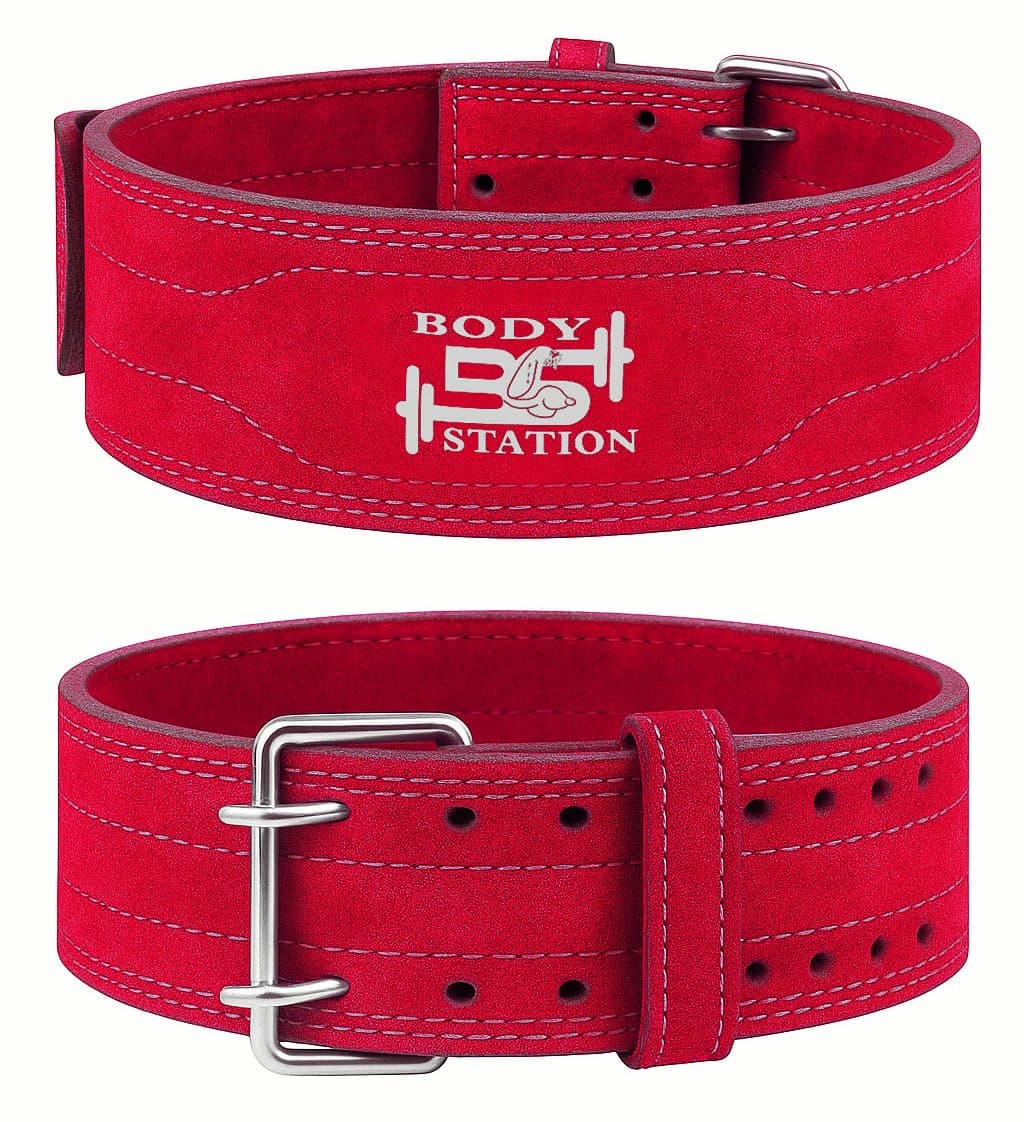 Bodystation Suede Leather Weightlifting Belt – Heavy-Duty Back Support for Powerlifting, CrossFit & Strength Training – Adjustable Gym Belt for Men & Women (Red, S)