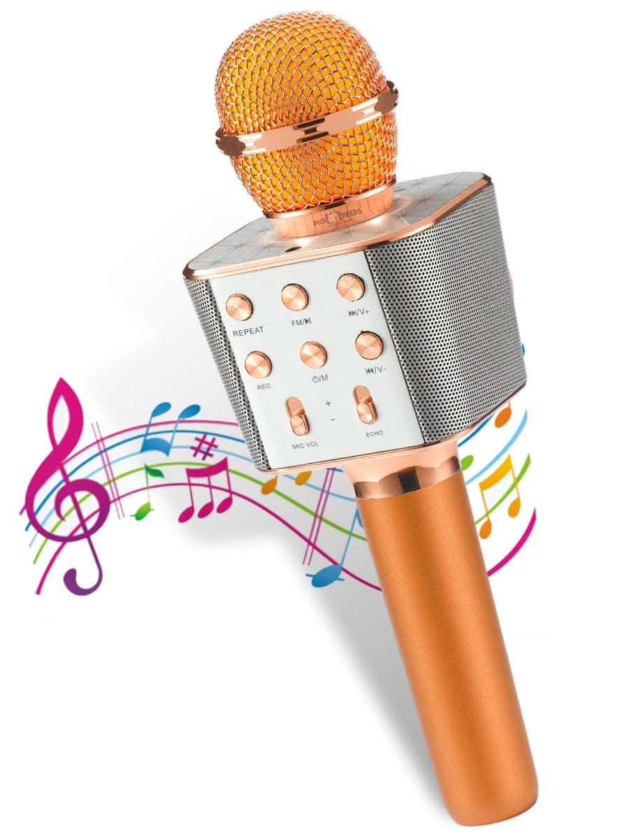 Pick Ur Needs Karaoke Bluetooth Mic Wireless Duplex Bluetooth Microphone Connection Player Speaker 2-in-1 with Recording + USB + FM Microphone Karaoke Mic (Copper)