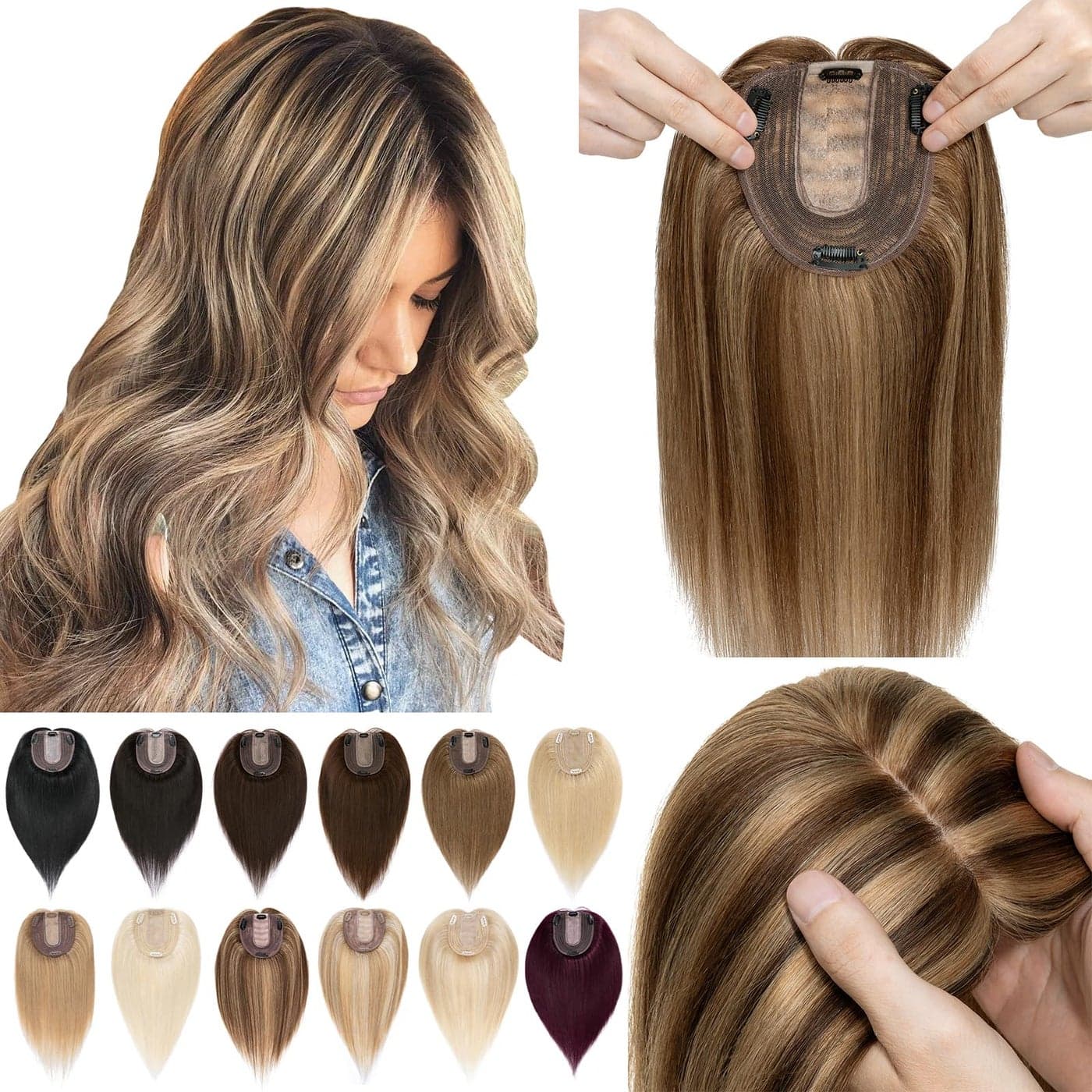 SEGO Hair Toppers for Women Real Human Hair No Bangs 130 Density 10 12CM Silk Base Remy Clip in Top Wiglet Hairpieces Add Volume6 Inch Medium BrownDark Blonde