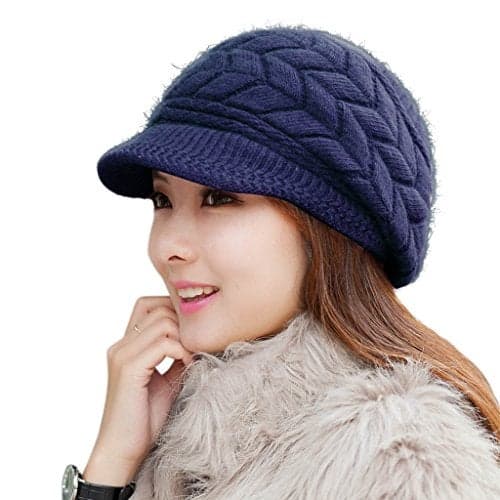 HINDAWI Womens Winter Newsboy Hat Warm Knit Wool Ski Snow Caps with Visor Navy