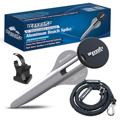 WAVESRX Beach Anchoring Bundle for Boats & Pontoons | 18" WaveCobra Aluminum Spike Stern Anchor + 7ft AnchorMate Bungee (Stretches to 25ft) | Ultra-Light Patented Design Keeps Boats Securely Anchored