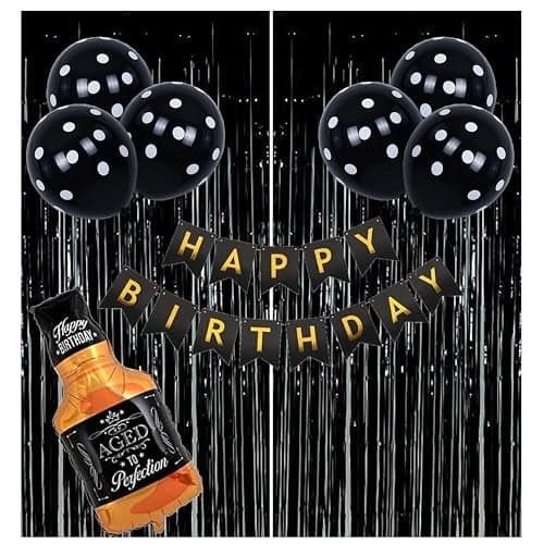 GRAND SHOP Happy Birthday Decoration Kit, 1 Pc Birthday Banner, 1 Pc Aged To Perfection Bottle Balloon, 6 Pcs Confetti Like Balloons And 2 Pcs Fringe Curtain, Multicolour