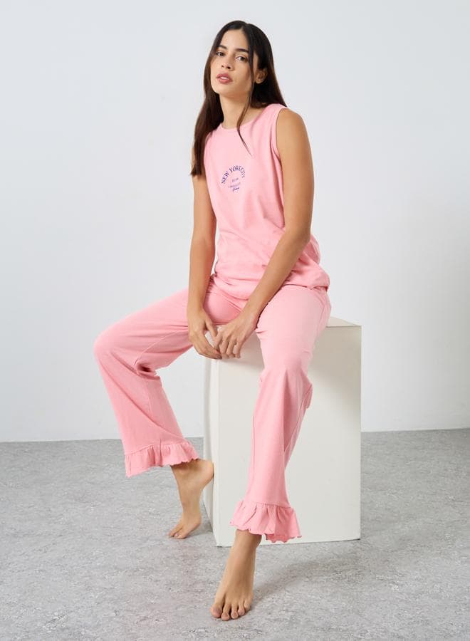Styli New York Print Vest and Ruffle Hem Pyjama Set