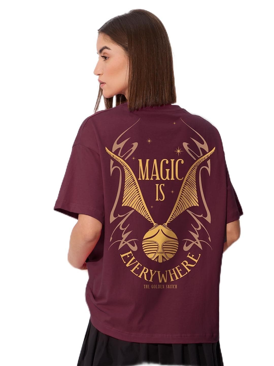 The Souled Store Women Official Harry Potter: Beautiful Burgundy Printed Oversized T-Shirts Oversized T Shirts for Women Baggy Boyfriend Tshirt Off-Shoulder Loose Fit Relaxed Drop Shoulder Half