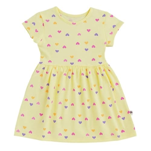 HuggleBug Girls’ Cotton Printed Dress for Kids – Soft & Breathable Casual Wear Frock for Girls – Stylish Fit & Flare Summer Outfit Lemon