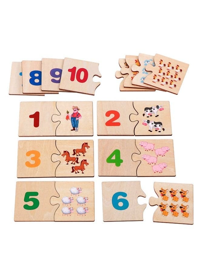 Picture and Number Matching Puzzle - 20 Pcs Wooden Counting Puzzle for Toddlers 3 Year Olds, Non-Toxic Learn to Count Toys with Animal/Fruit Images, Preschool Fine Motor Skills Learning Game for Kids Ages 3-5