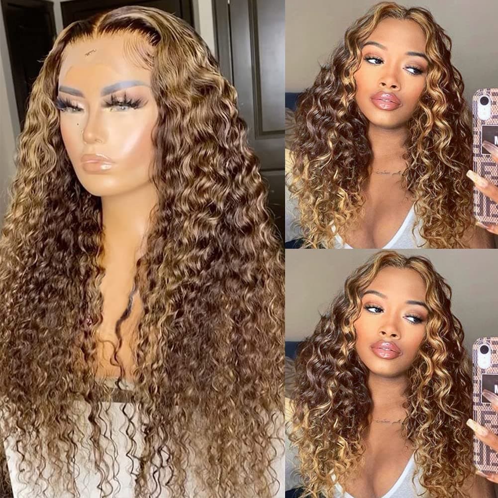Pizazz 4/27 Highlight Lace Front Wigs Human Hair Pre Plucked Bleached Knots 12A 180 Density 13x4 HD Ombre Honey Blonde Deep Wave Human Hair Wigs with Baby Hair(26 Inch, Brown mix gloden color)