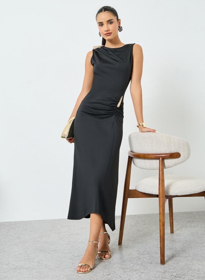 Black Sleeveless Draped Ruched Maxi Dress