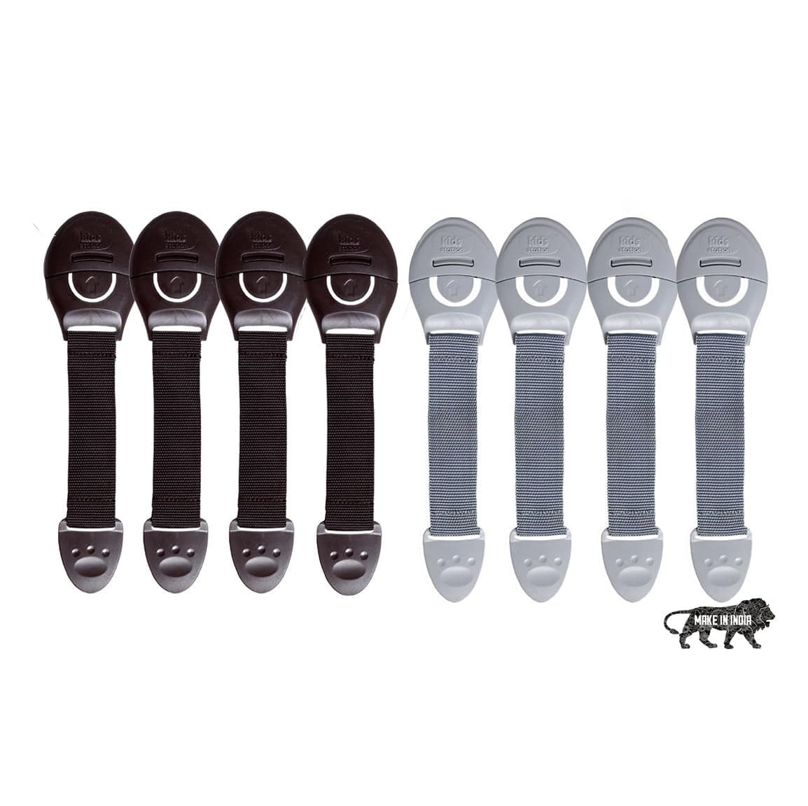 Kids Station Furniture Safety Locks for Kids, Pack of 4 Grey + 4 Brown, Made in India Child Safety Locks for Drawers, Cabinets, Fridge, Cupboard Lock, Strong and Adhesive Safety Locks