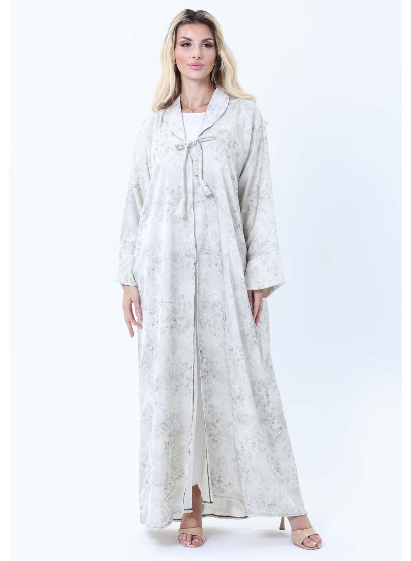 Premium Floral Print Abaya with Collar Detail - Elegant Cream & Gray with Headscarf