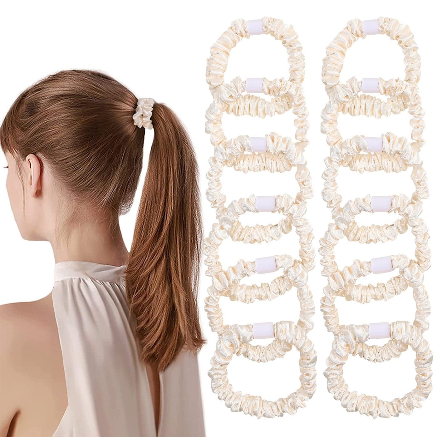 Ivyu Hair Ties Satin Scrunchies Small Mini Scrunchy for Women Thick Thin Hair Accessories Cute Soft No Slip Hair Elastics Ponytail Holder for Curly Hair No Damage Hairties Gift for Girls Champagne