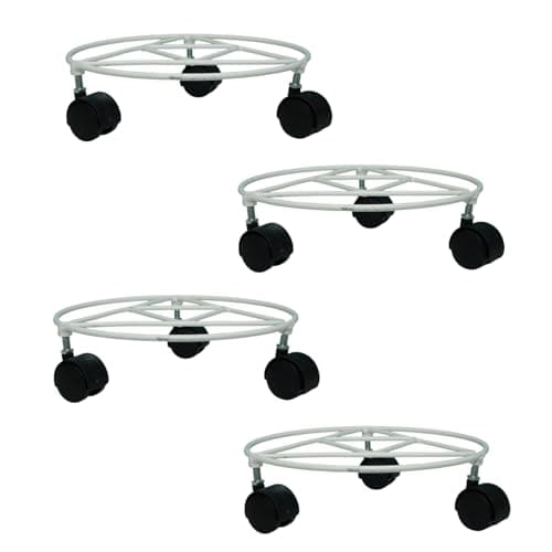 BonKaso Round Metal Plant Stand (Set of 4) with Wheels for Indoor & Outdoor Use (25.4x25.4x7.6 cm) | Heavy Duty Flower Pot Holder | Holds Up to 50kg | Corner Plant Rack for Heavy Plants - White