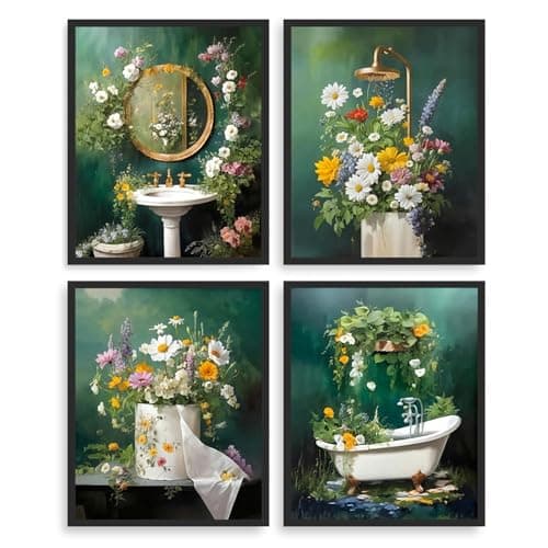 Dazzlewall 4pcs Green Botanical Bathroom Wall Art Poster, Dark Green Wildflowers Leaves Picture Print Washbasin Toilet Bathtub Canvas Prints, 8x10 in Unframed