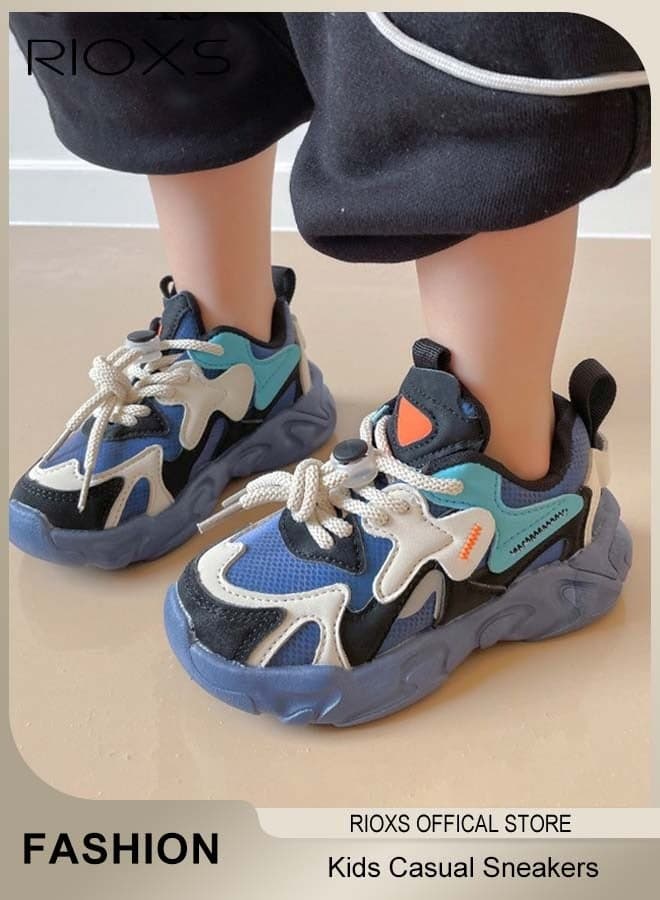 Toddler Low Top Sneaker, Casual Athlesiure Shoes for Boys Girls, Classic Lace-up Sneakers, Non-Slip Sports Shoe for Little/Big Kids, Comfort Breathable Walking Shoes, Fashionable Kids' Tennis Shoes, Lightweight Outdoor Trainers for Jogging Running, Blue White Kids Footwear
