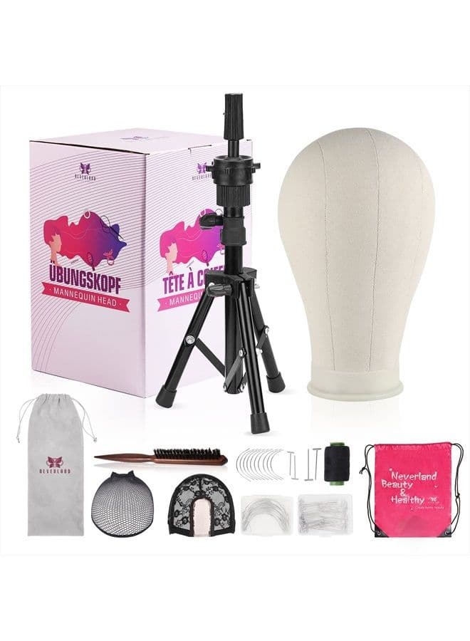 22 Inch Wig Head Mannequin Head with Wig Stand Tripod,Manikin Canvas Head Set for Wigs Making Display with Wig caps,T Pins Set Bristle Brush