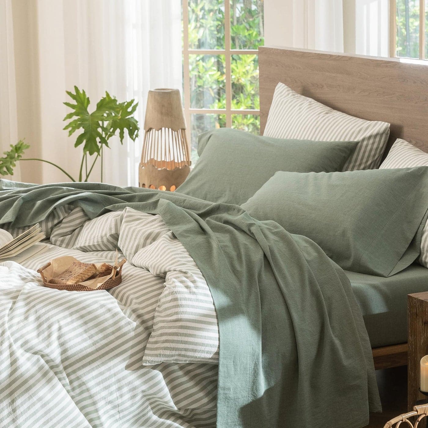 MooMee Bedding Sheet Set 100 Washed Cotton Linen Like Textured Breathable Durable Soft Comfy Heathered Green King