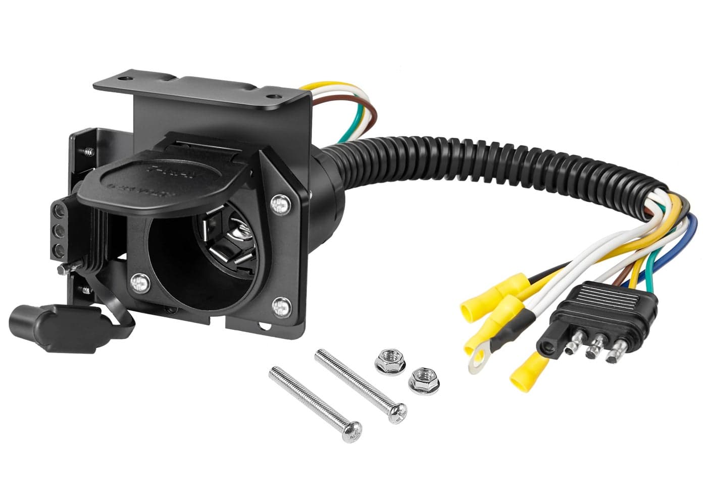 Oyviny 4Way Flat to 7Way Round Blade and 4 Way Trailer Wiring Harness Adapter VehicleSide 4 Pin to TrailerSide 7 Pin and 4 Pin DualOutput Connector with Mounting Bracket for Truck RVBlack